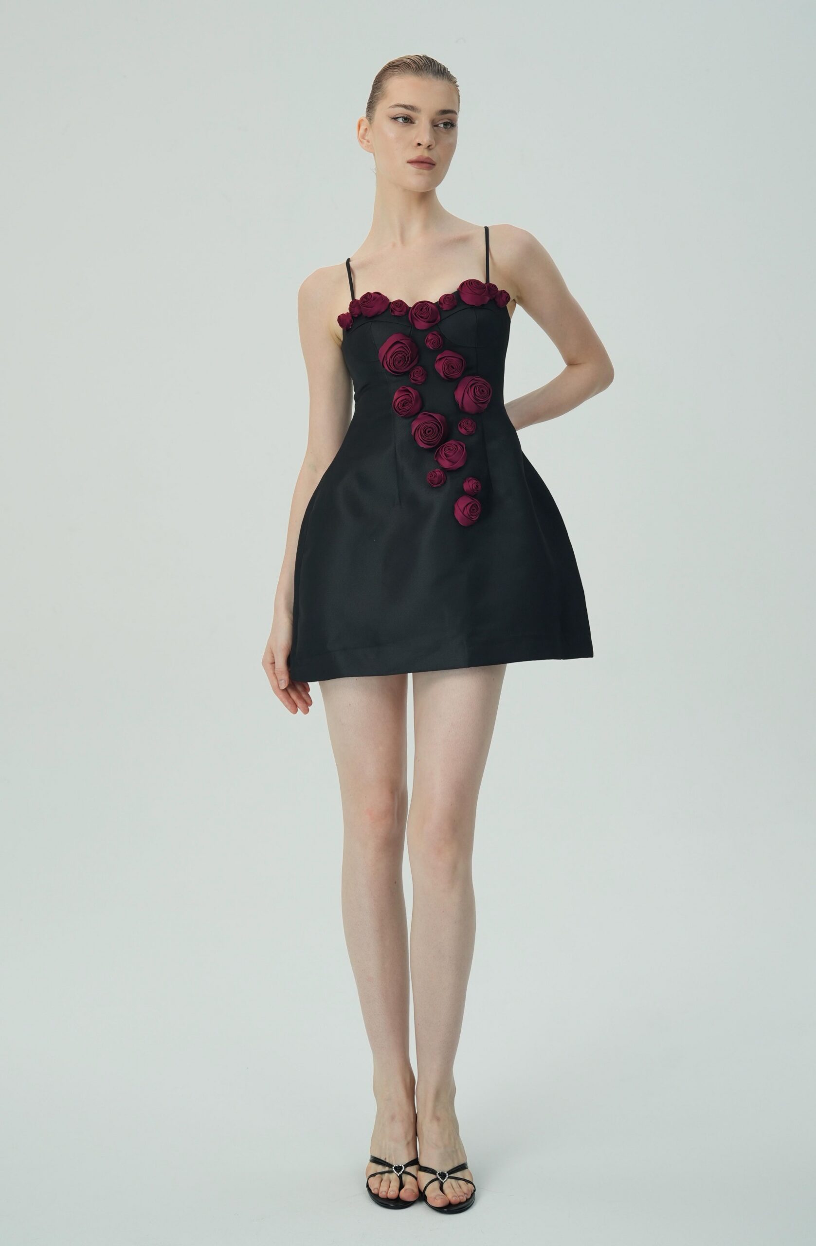 ELEGANT BURGUNDY FLORAL BLACK SATIN MINI DRESS