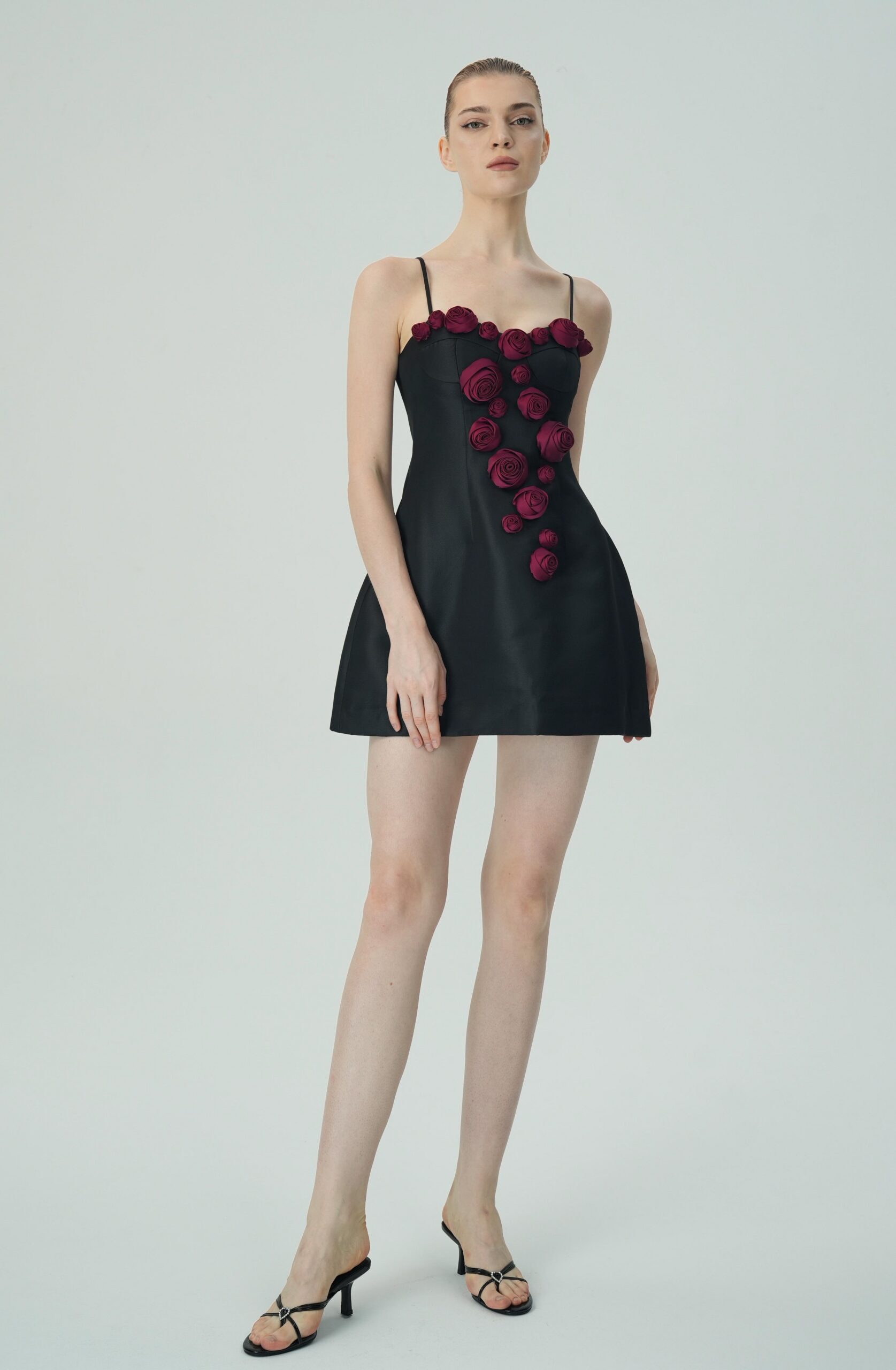 ELEGANT BURGUNDY FLORAL BLACK SATIN MINI DRESS