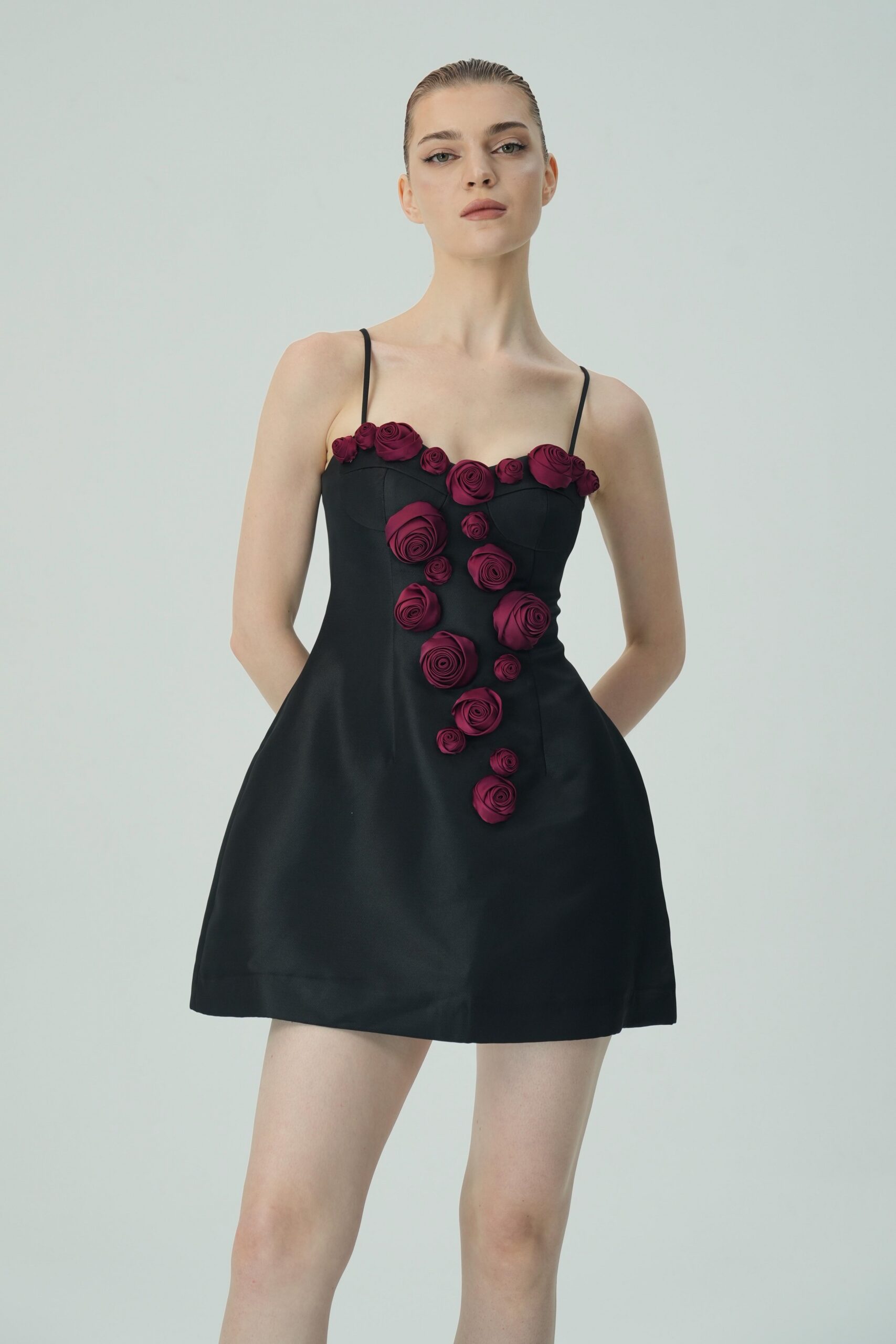 ELEGANT BURGUNDY FLORAL BLACK SATIN MINI DRESS