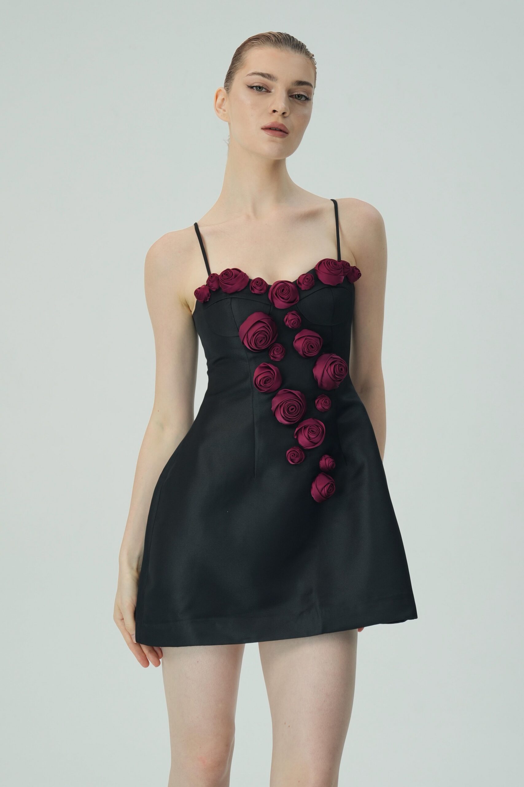 ELEGANT BURGUNDY FLORAL BLACK SATIN MINI DRESS