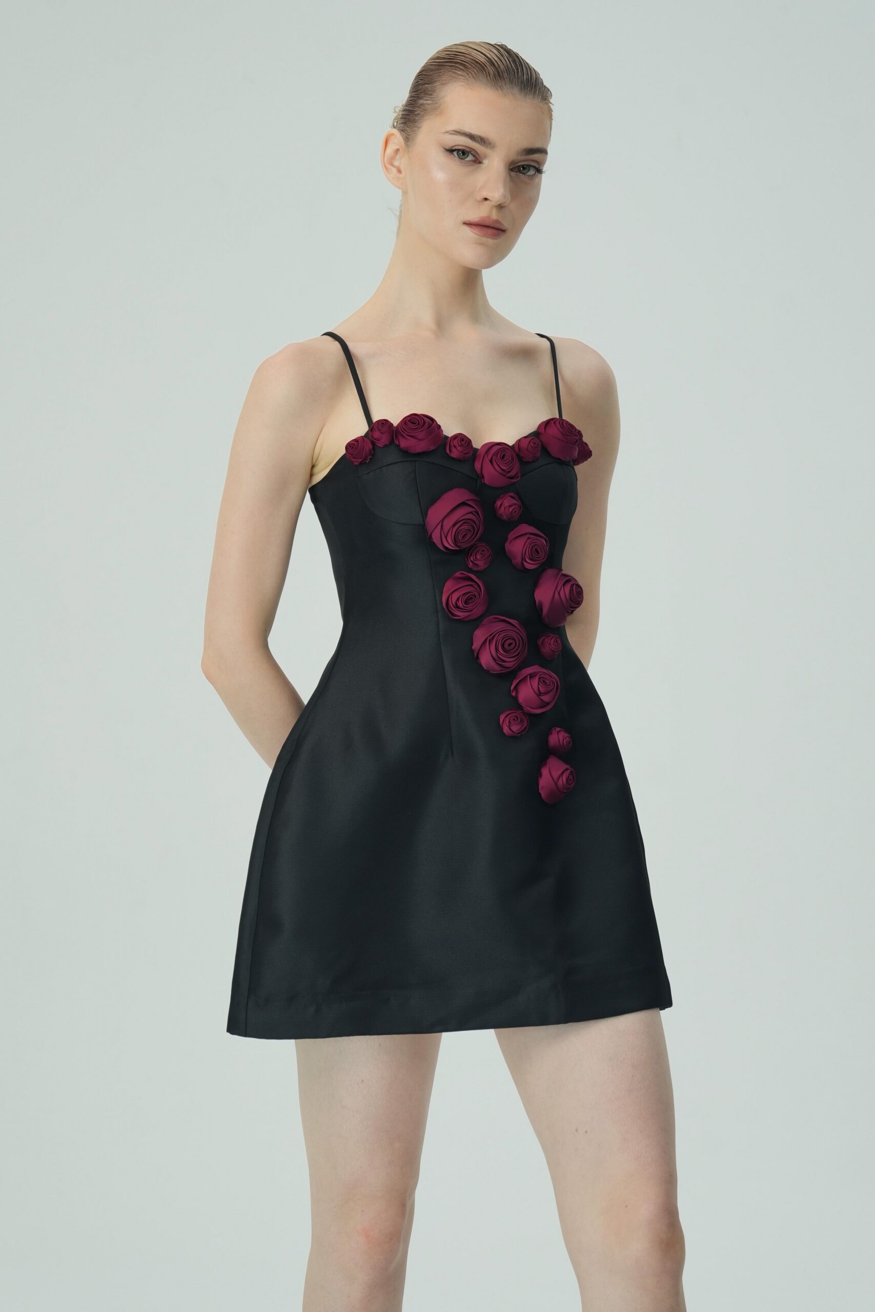 ELEGANT BURGUNDY FLORAL BLACK SATIN MINI DRESS