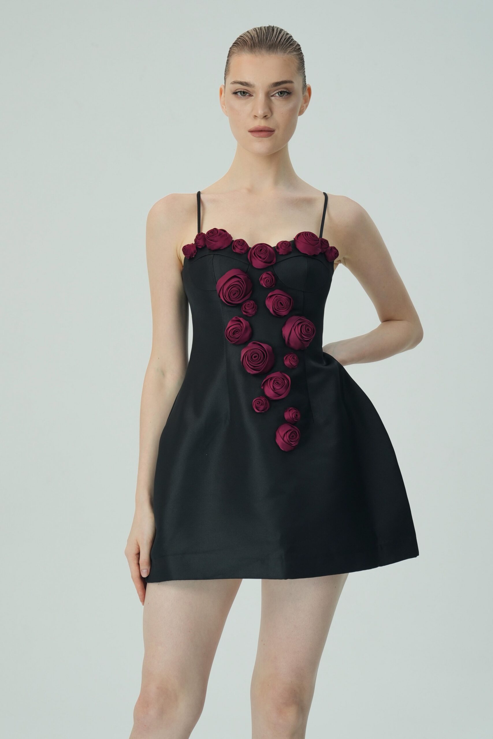 ELEGANT BURGUNDY FLORAL BLACK SATIN MINI DRESS