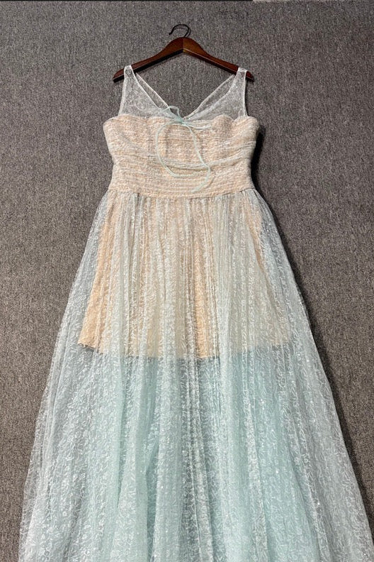 MONICA MINT DRAPED TULLE FISHBONE MAXI DRESS