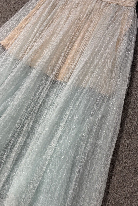 MONICA MINT DRAPED TULLE FISHBONE MAXI DRESS