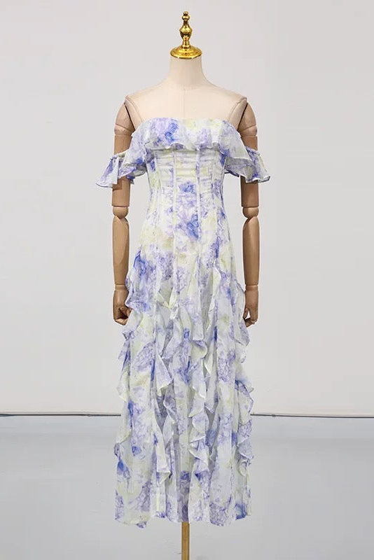 HELEN FLORAL FRILL OFF-SHOULDER MAXI DRESS BLUE