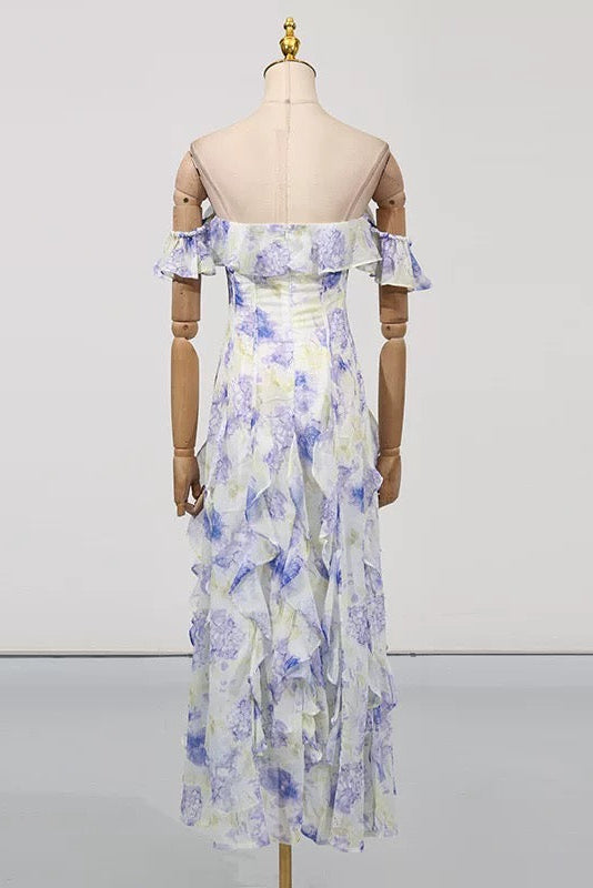 HELEN FLORAL FRILL OFF-SHOULDER MAXI DRESS BLUE
