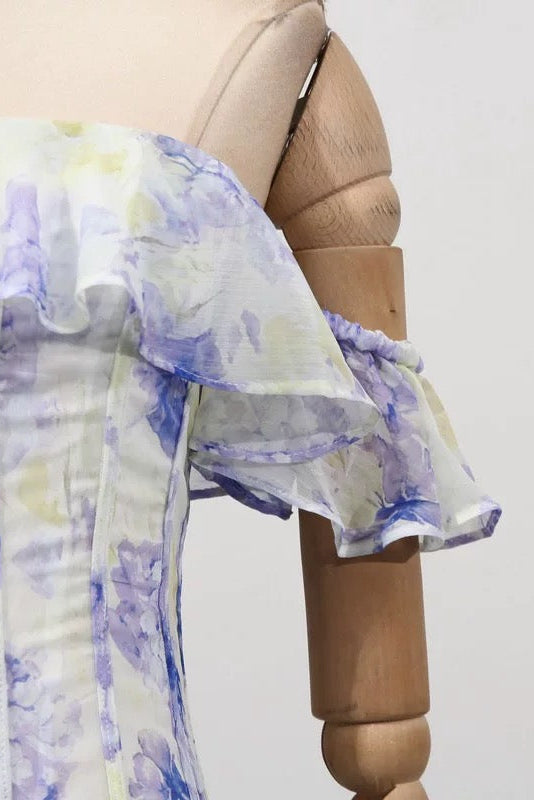 HELEN FLORAL FRILL OFF-SHOULDER MAXI DRESS BLUE