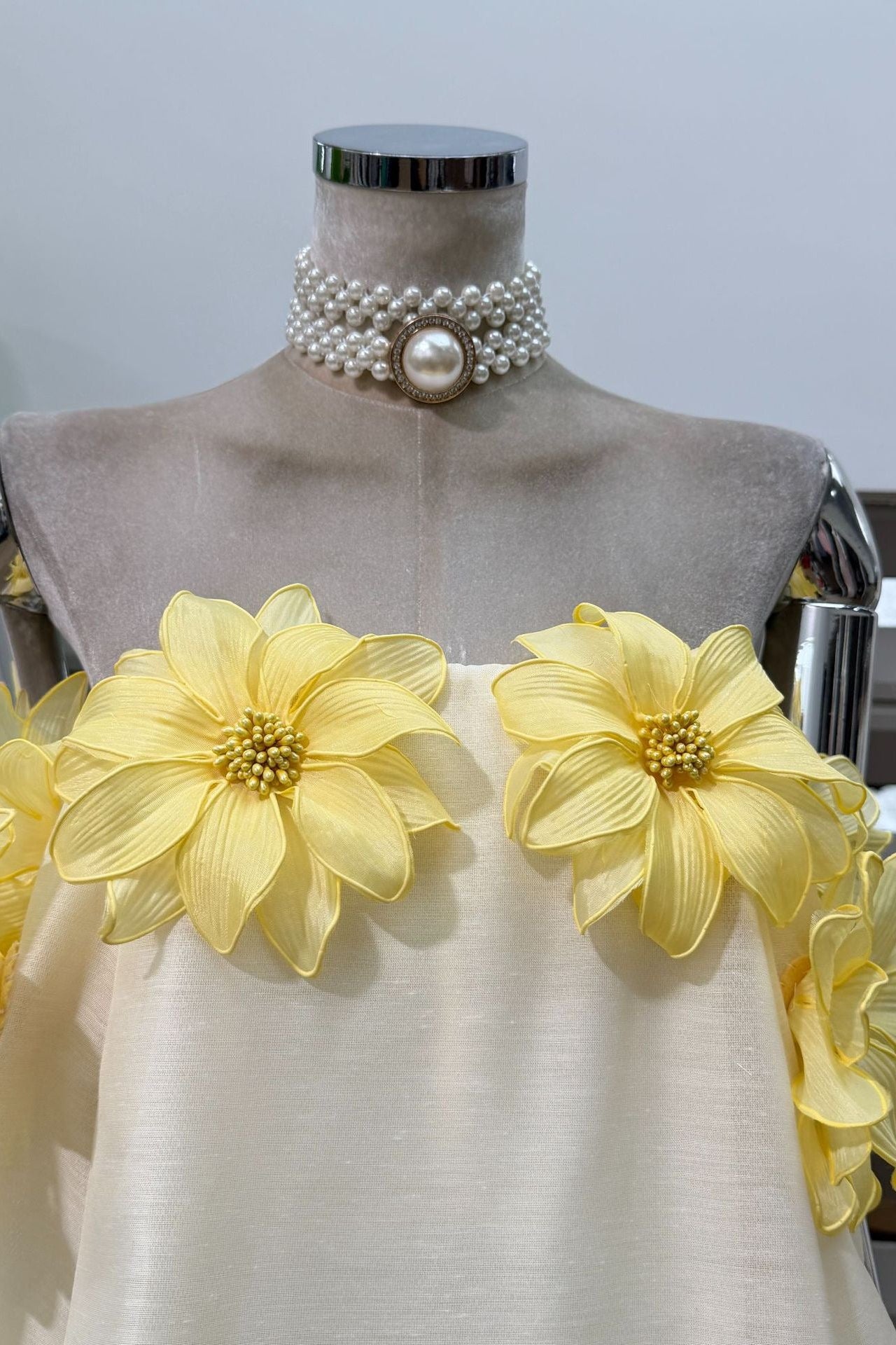 SABRINA OFF-SHOULDER YELLOW 3D FLORAL MINI DRESS