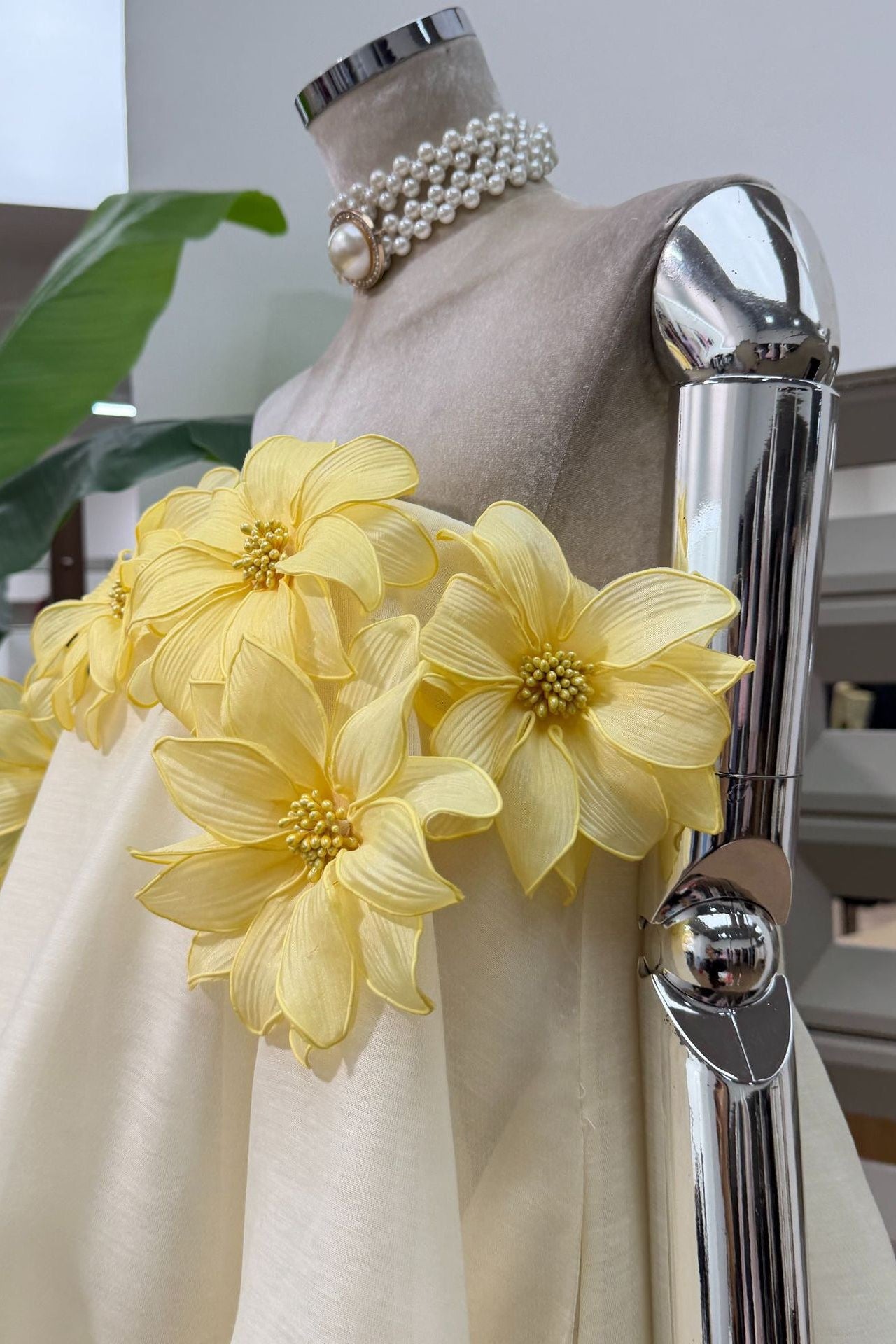SABRINA OFF-SHOULDER YELLOW 3D FLORAL MINI DRESS