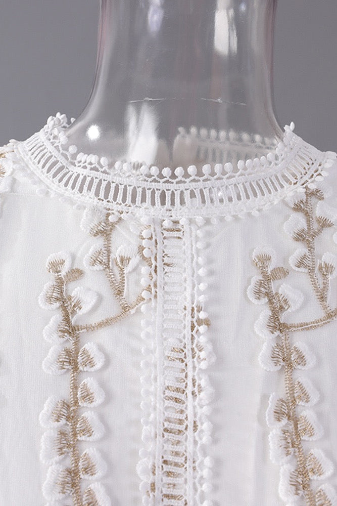 WHITE LACE EMBROIDERED MIDI DRESS FOR WEDDING GUEST