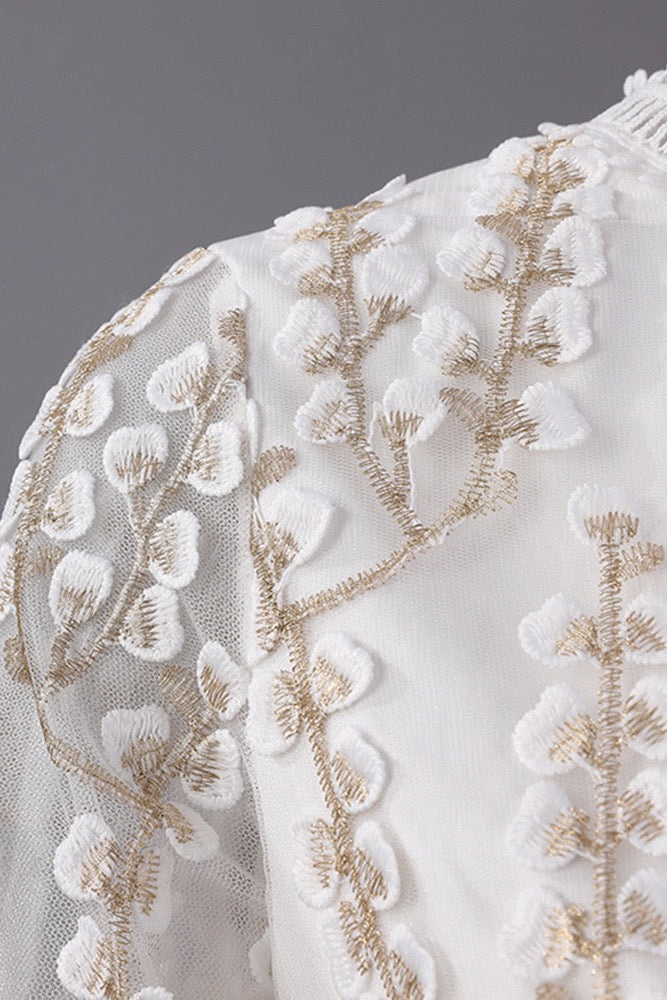 WHITE LACE EMBROIDERED MIDI DRESS FOR WEDDING GUEST