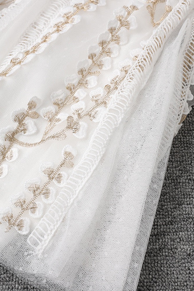 WHITE LACE EMBROIDERED MIDI DRESS FOR WEDDING GUEST