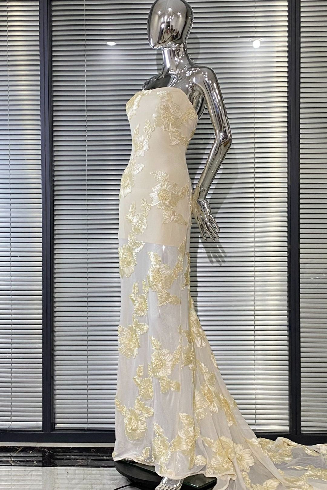 EMBROIDERED STRAPLESS APRICOT GOWN, FORMAL