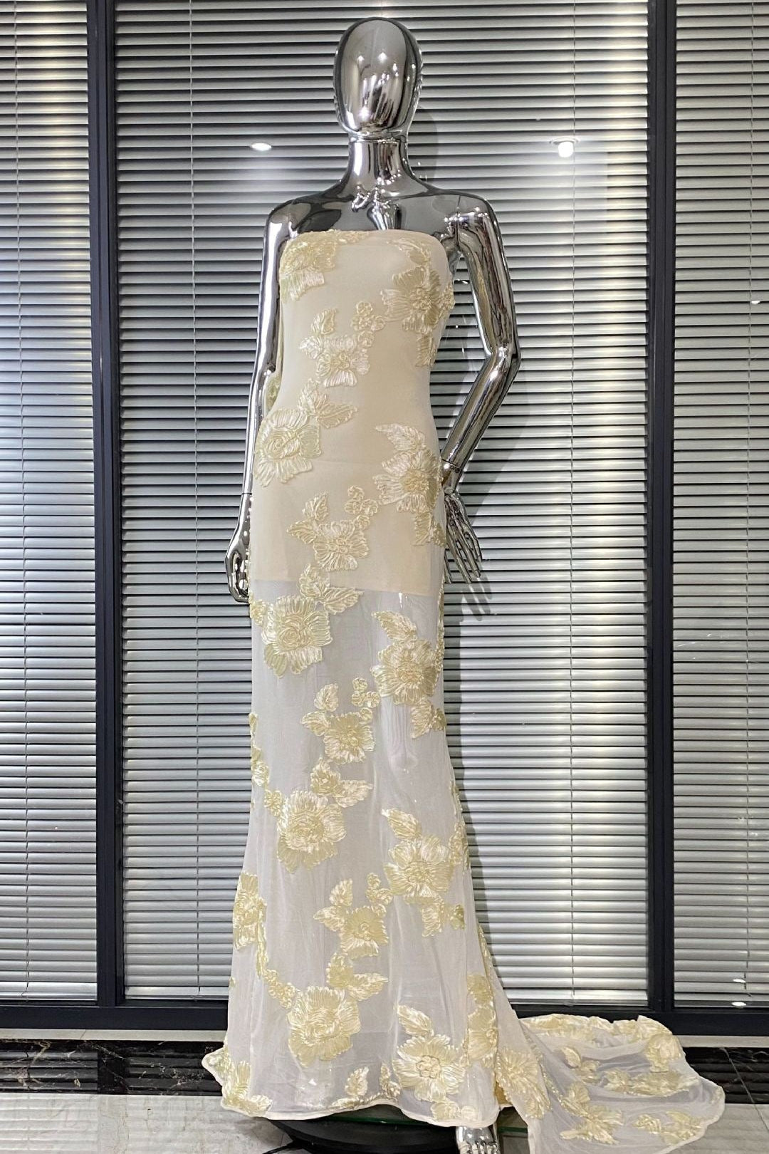 EMBROIDERED STRAPLESS APRICOT GOWN, FORMAL