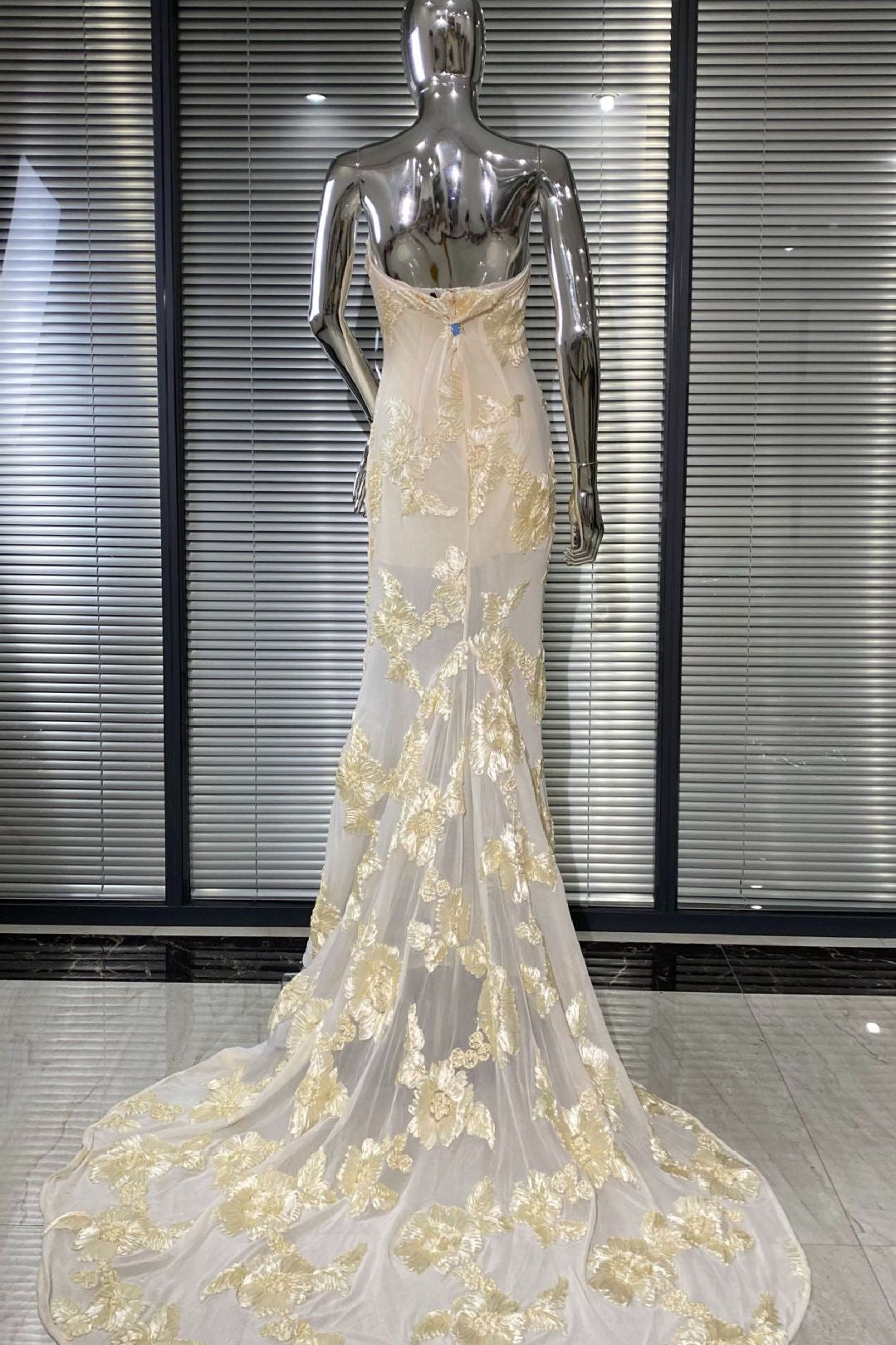 EMBROIDERED STRAPLESS APRICOT GOWN, FORMAL