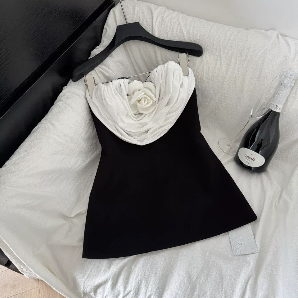 VERNA BLACK STRAPLESS FLOWER MINI DRESS