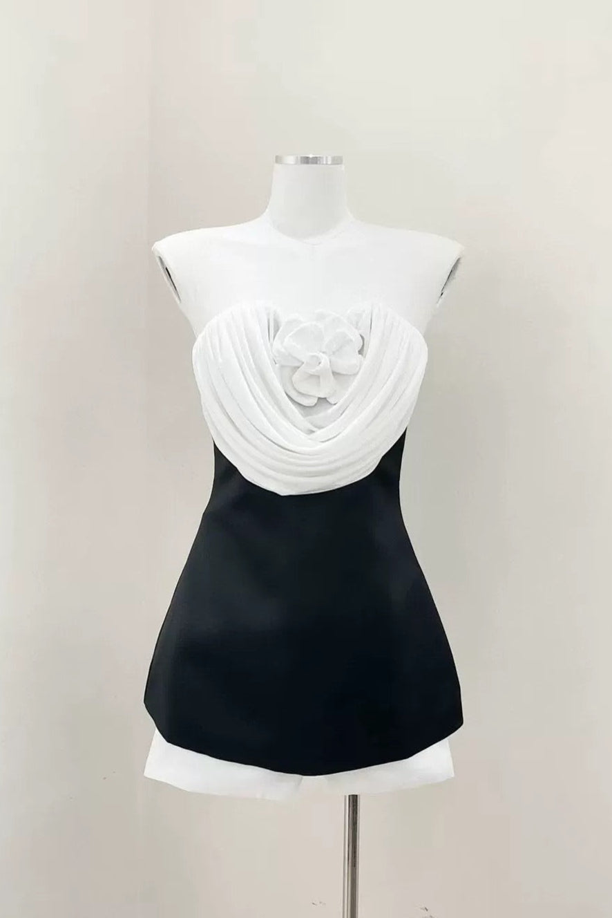 VERNA BLACK STRAPLESS FLOWER MINI DRESS