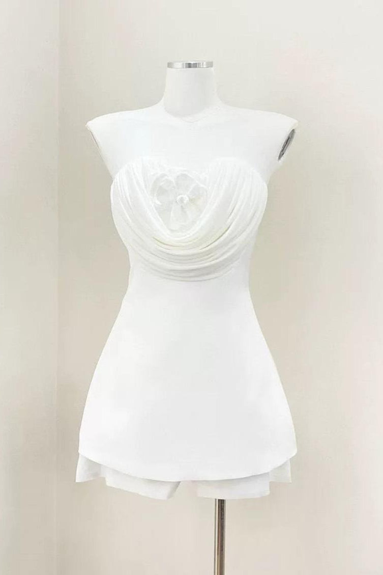 VERNA STRAPLESS FLOWER MINI DRESS, WHITE