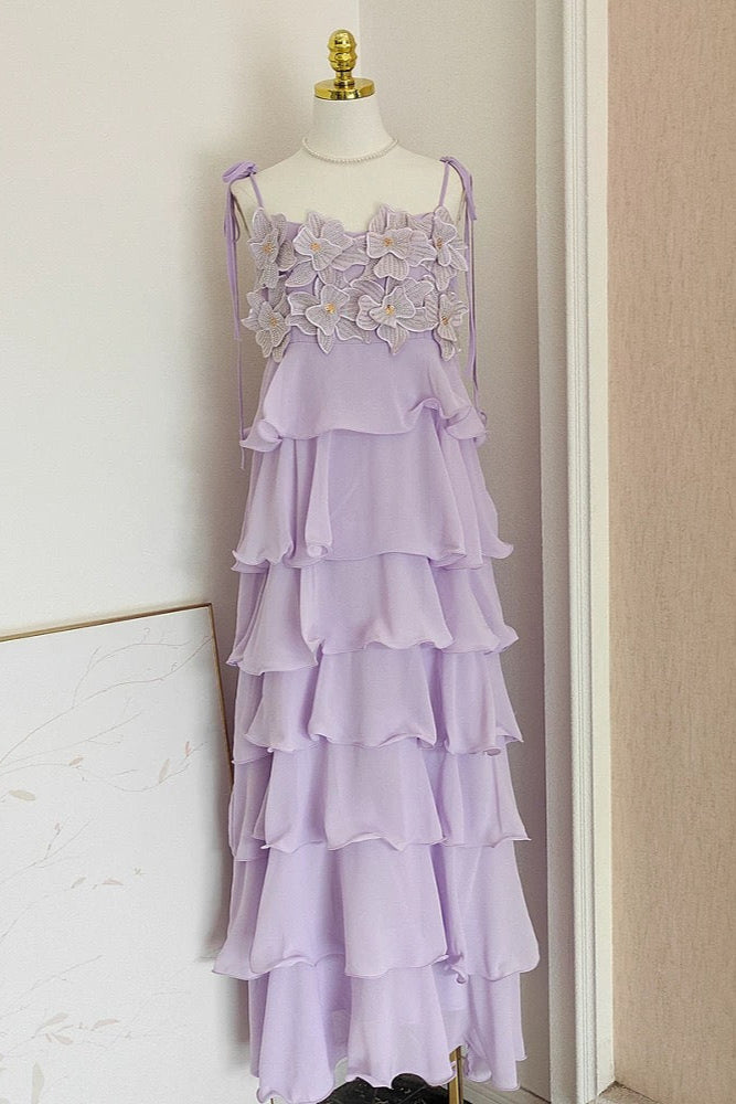 SEQUINED 3D-PETAL TIERED MAXI DRESS IN PURPLE