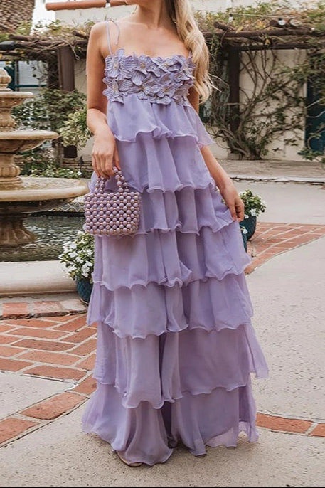 SEQUINED 3D-PETAL TIERED MAXI DRESS IN PURPLE