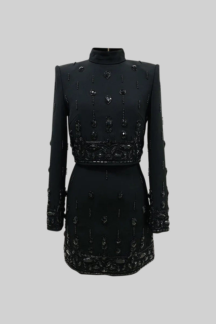 SEQUIN DIAMOND CO-ORD SET MINI SKIRT BLACK PARTY