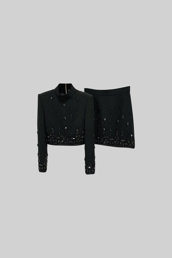 SEQUIN DIAMOND CO-ORD SET MINI SKIRT BLACK PARTY