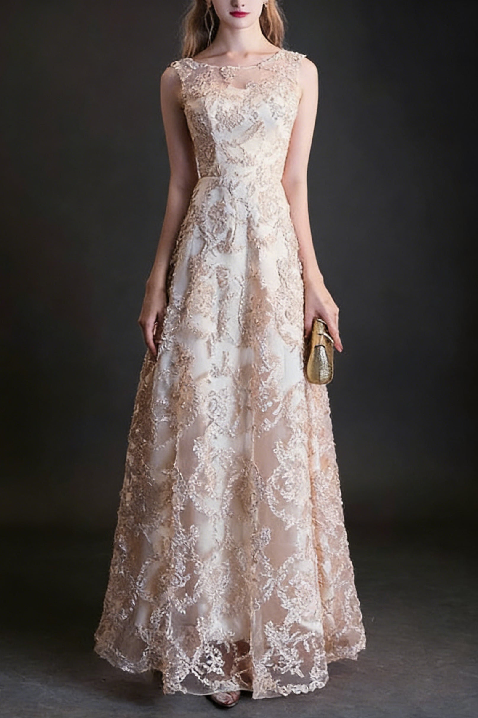 IMG_0606 QUEENA CHAMPAGNE LACE EVENING GOWN MAXI DRESS