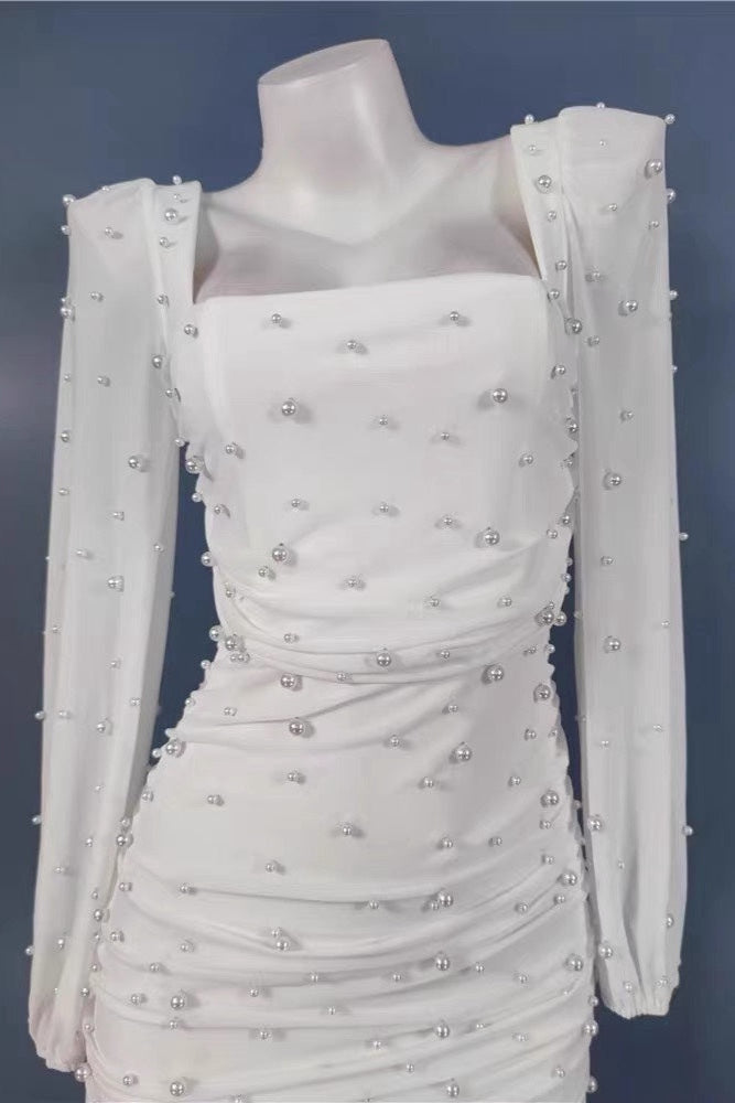 FLIRTY IVORY MESH PEARL LONG SLEEVE MINI DRESS