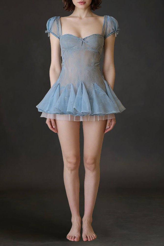 LACE PUFFY MINI DRESS - BLUE EMBROIDERY COCKTAIL