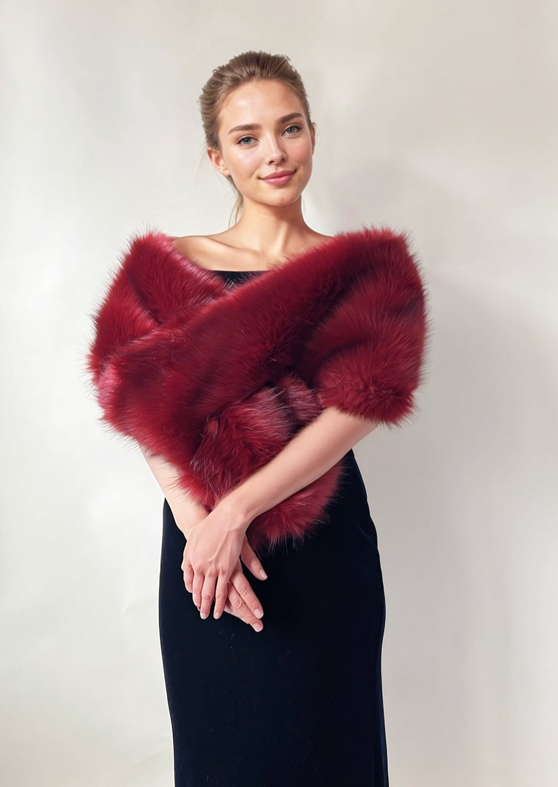 HULDA WINE RED FUR SHAWL - EVENING WRAP