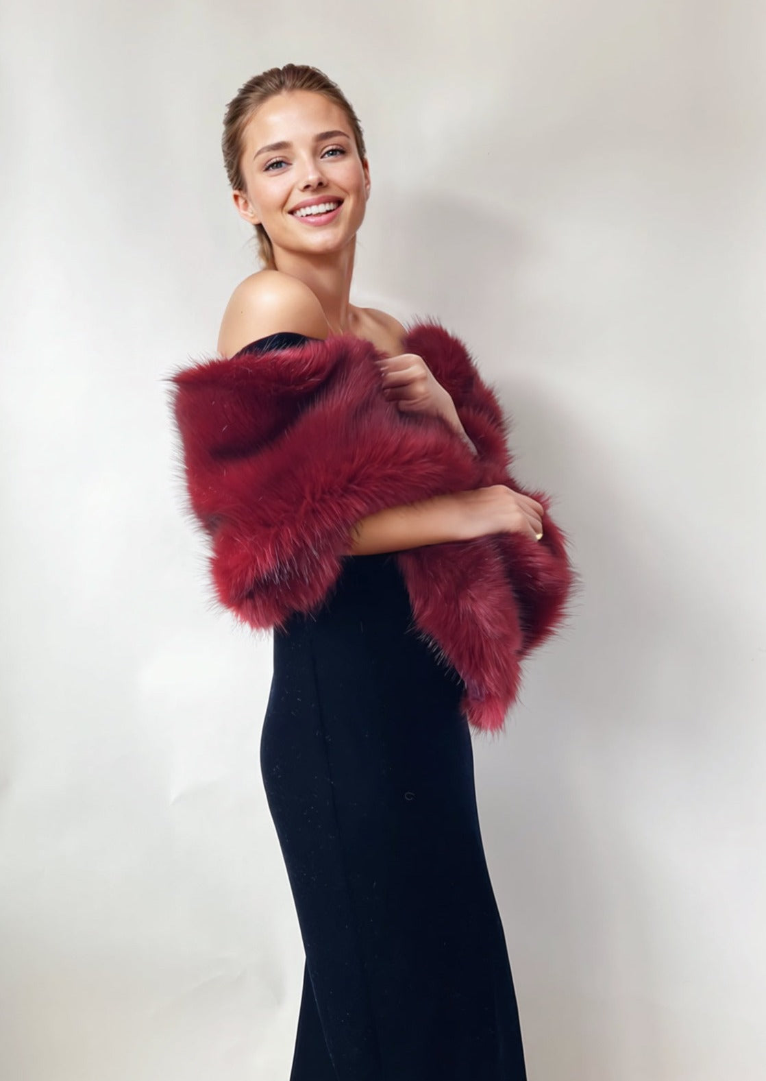 HULDA WINE RED FUR SHAWL - EVENING WRAP