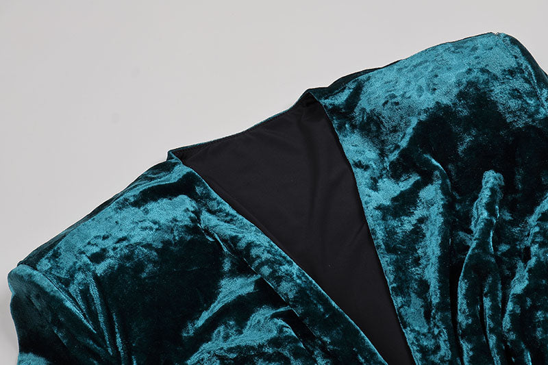 GREEN VELVET RUCHED V-NECK MINI DRESS