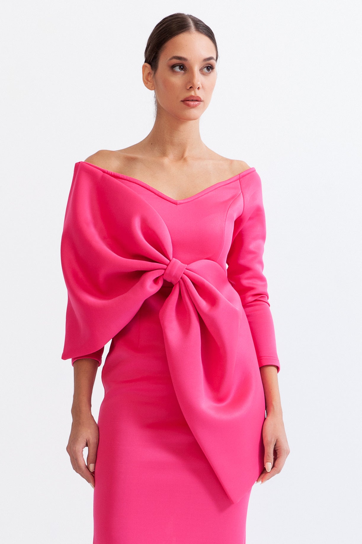 LONG SLEEVE CUTOUT RIBBON MIDI DRESS FUCHSIA