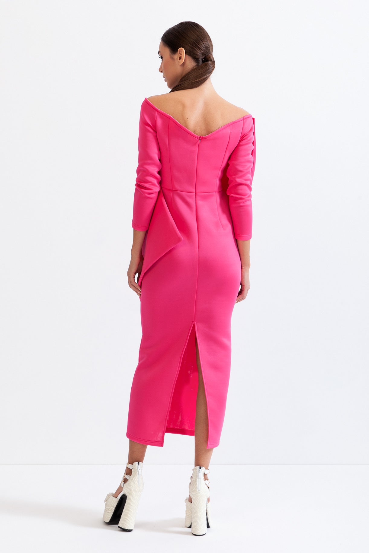 LONG SLEEVE CUTOUT RIBBON MIDI DRESS FUCHSIA
