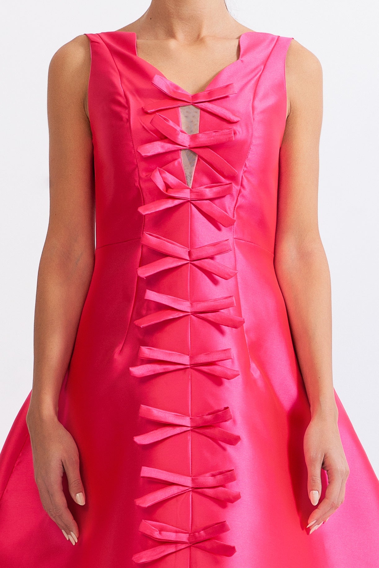 BOW DETAIL HOURGLASS MIDI DRESS - FUCHSIA