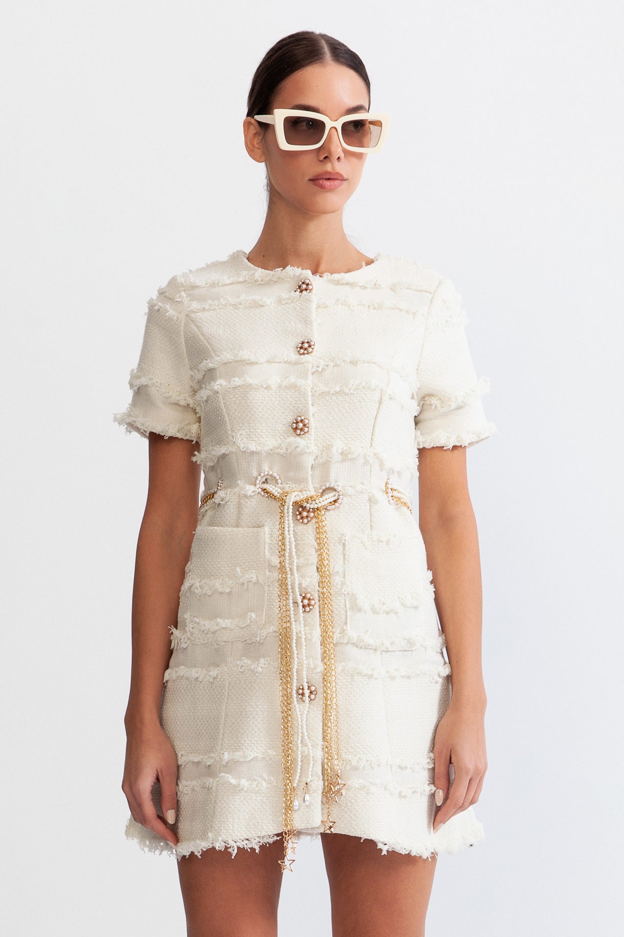 MARGUERITE PEARL TWEED MINI DRESS - BEIGE CHIC PARTY