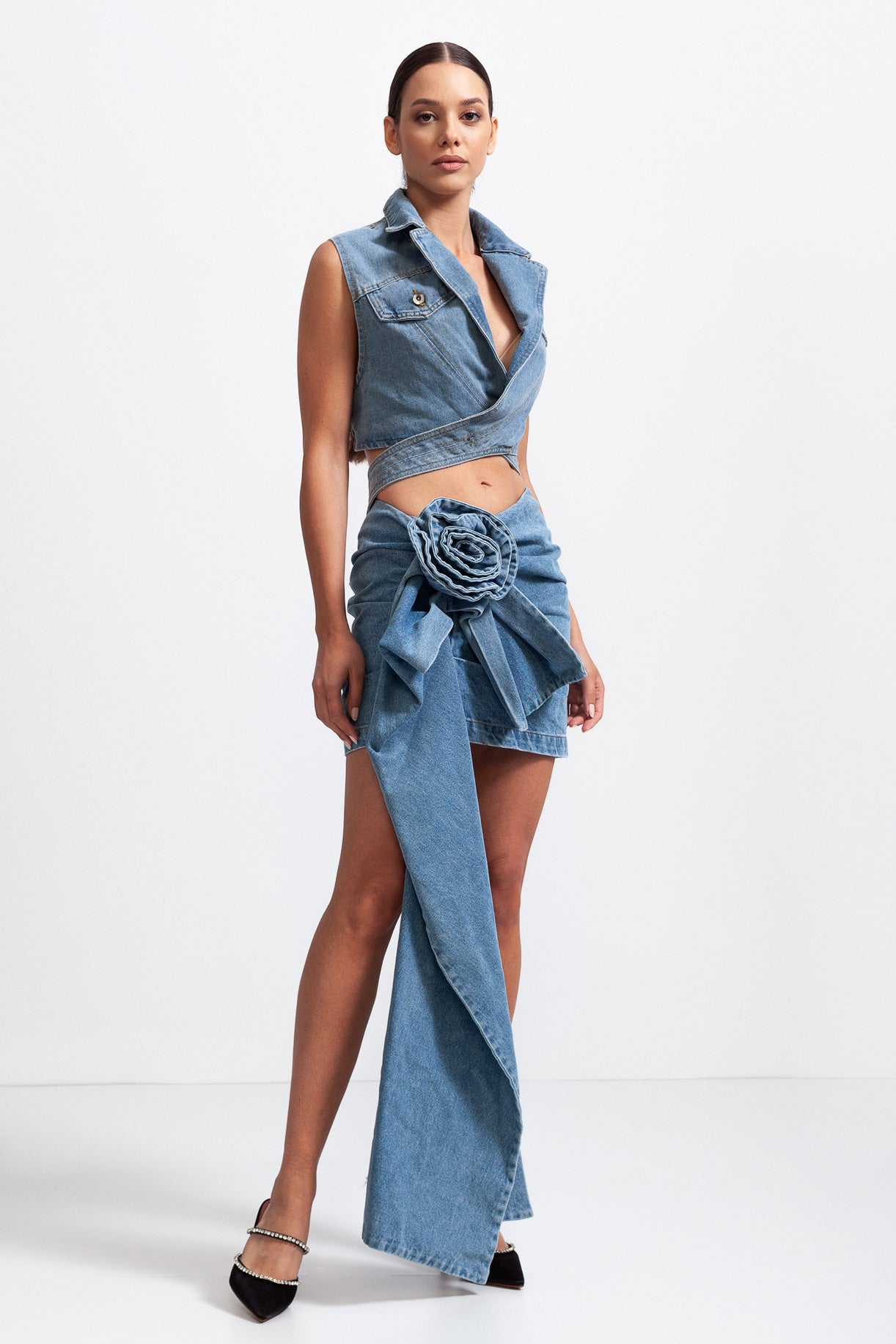 ASYMMETRIC FLORAL DENIM SKIRT BLUE