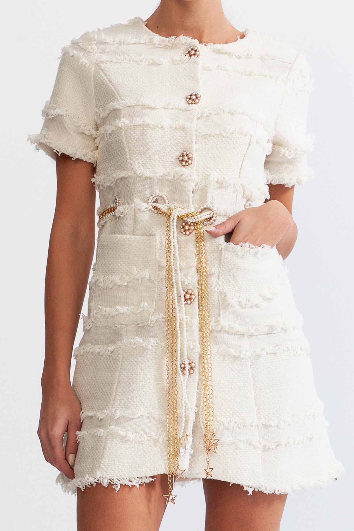 MARGUERITE PEARL TWEED MINI DRESS - BEIGE CHIC PARTY