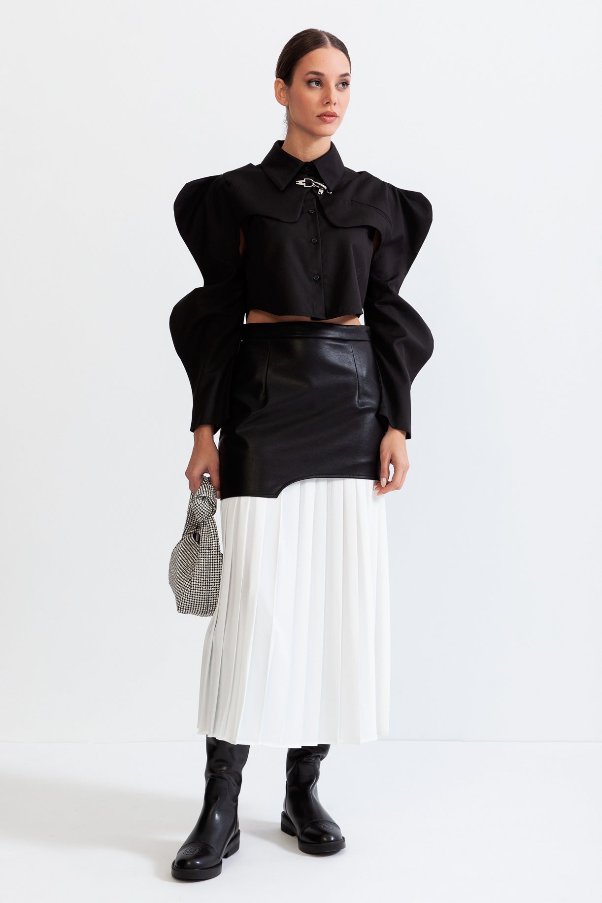 LEATHER EFFECT PLEATED MIDI SKIRT - BLACK & WHITE