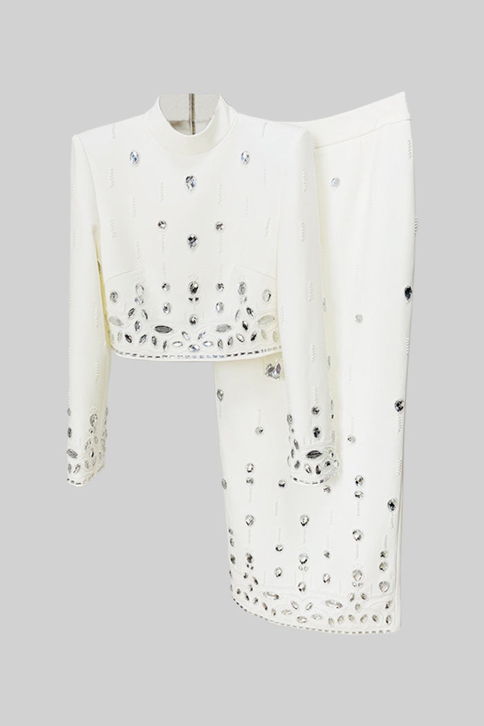 DIAMOND EMBELLISHED WHITE MAXI SKIRT CO-ORD SET