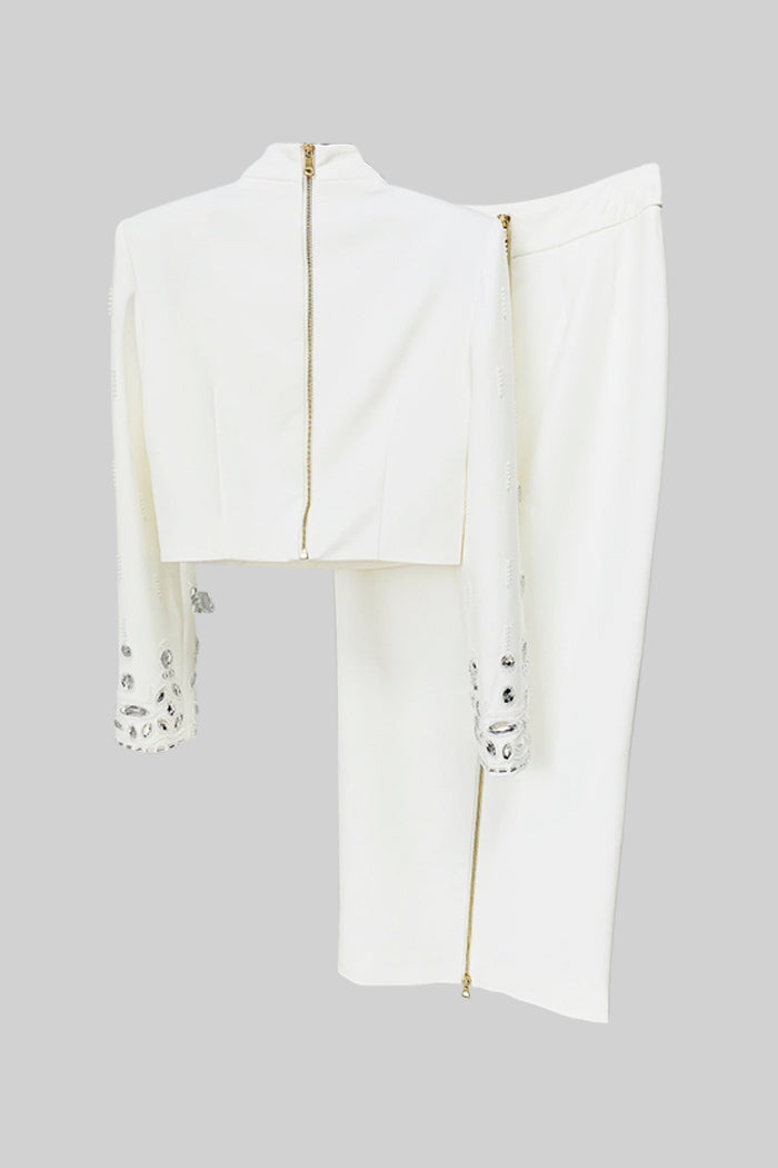 DIAMOND EMBELLISHED WHITE MAXI SKIRT CO-ORD SET
