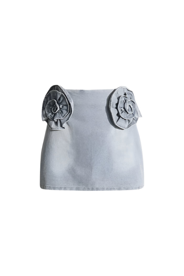 BLUE DENIM MINI SKIRT WITH FLORAL EMBROIDERY