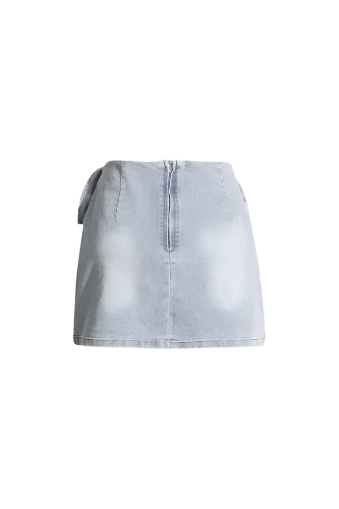 BLUE DENIM MINI SKIRT WITH FLORAL EMBROIDERY
