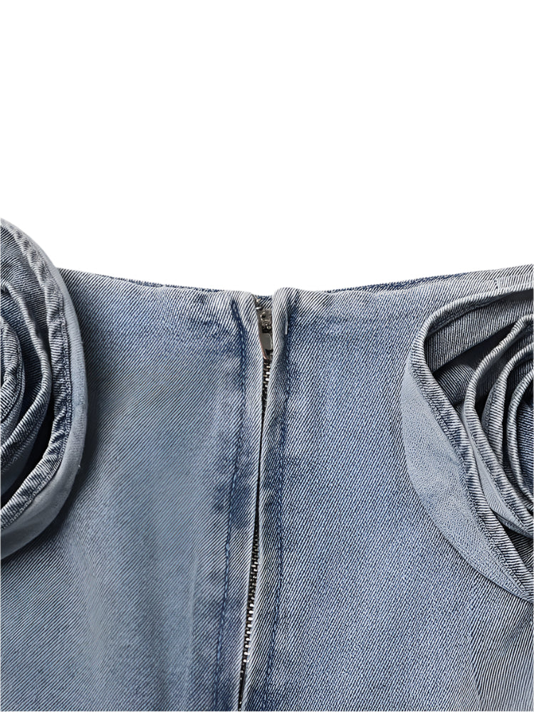 BLUE DENIM MINI SKIRT WITH FLORAL EMBROIDERY