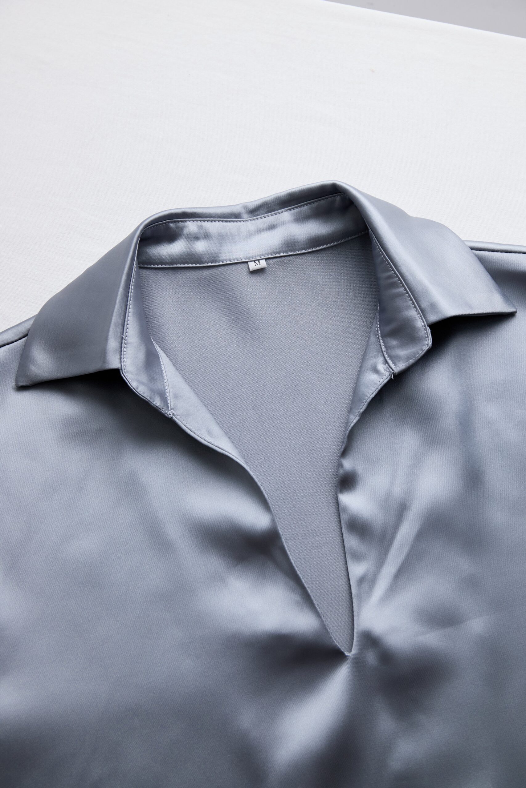 SILVER SATIN PLUNGING V-NECK BLOUSE FOR EVENING