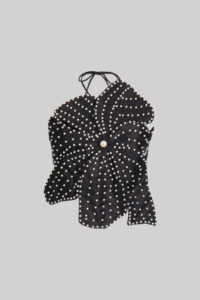 SLEEVELESS 3D FLORAL PEARL TOP - BLACK EVENING PARTY
