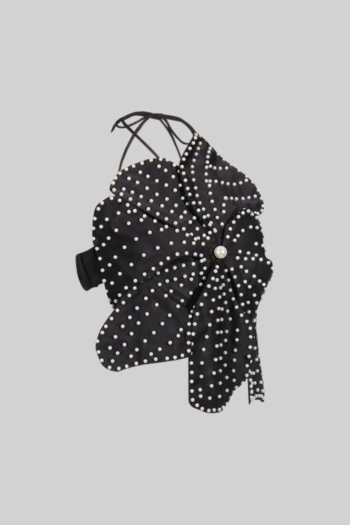 SLEEVELESS 3D FLORAL PEARL TOP - BLACK EVENING PARTY