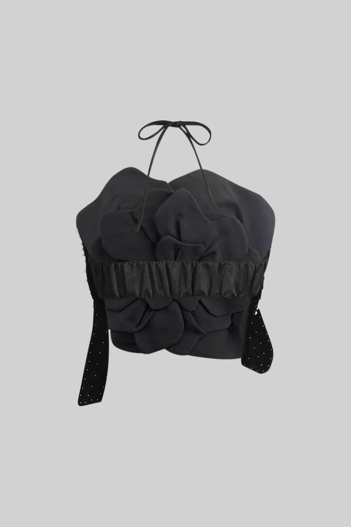 SLEEVELESS 3D FLORAL PEARL TOP - BLACK EVENING PARTY