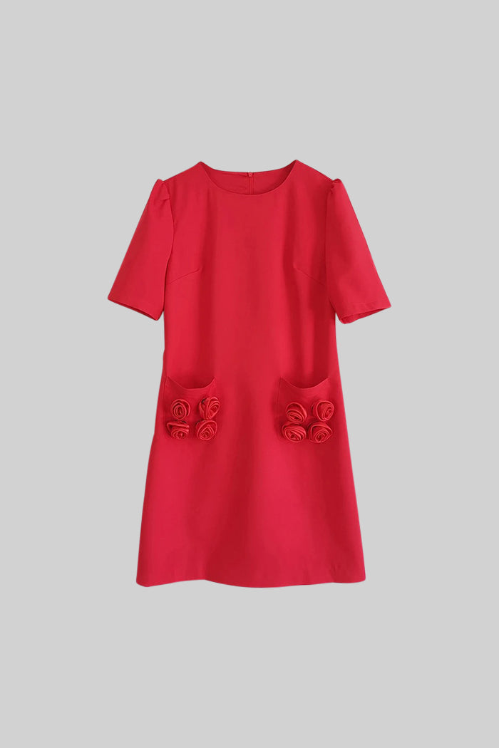 RED MINI ROSES SHORT SLEEVE DRESS - PARTY