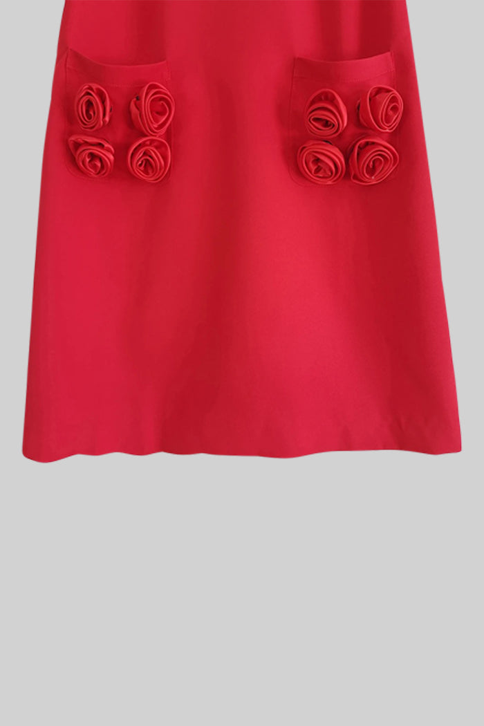 RED MINI ROSES SHORT SLEEVE DRESS - PARTY